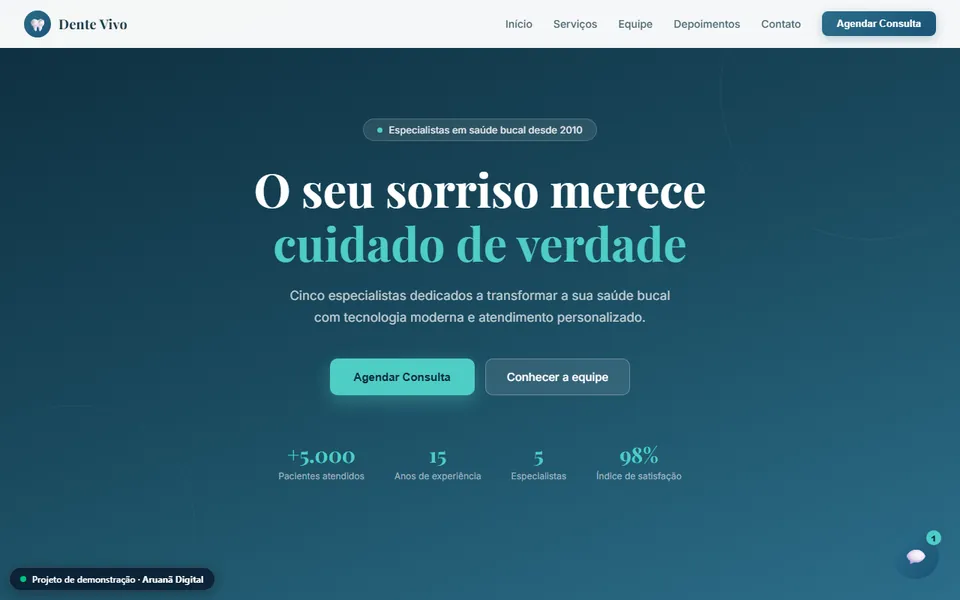 Prévia do site de demonstração Clínica Dente Vivo