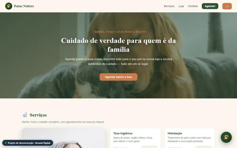 Prévia do site de demonstração Patas Nobres